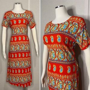 Vintage 70s red rainbow paisley print midi dress
